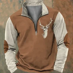 Men's Hunting Deer Sweatshirts Quarter Zip Sweatshirt Long Sleeve Sweatshirt Zip Vintage Retro Western Cowboy 3D Printing Climbing Hunting Winter Spring & Fall