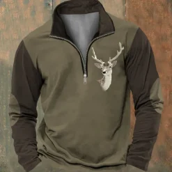 Men's Hunting Deer Sweatshirts Quarter Zip Sweatshirt Long Sleeve Sweatshirt Zip Vintage Retro Western Cowboy 3D Printing Climbing Hunting Winter Spring & Fall