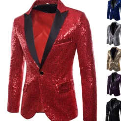 Men's Jacket Blazer Wedding Party / Evening Reflective Glitter Sequin Spring Fall Sequin Party Shawl Collar Regular Regular Regular Fit Black Silver Red Blue Purple Jacket