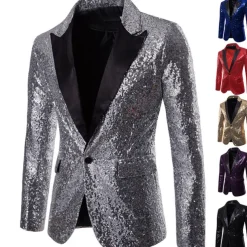 Men's Jacket Blazer Wedding Party / Evening Reflective Glitter Sequin Spring Fall Sequin Party Shawl Collar Regular Regular Regular Fit Black Silver Red Blue Purple Jacket