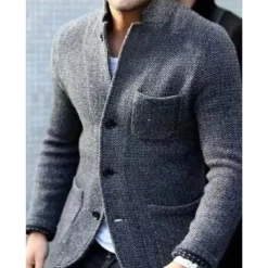 Men's Jacket Casual Jacket Outdoor Daily Wear Warm Button Pocket Fall Winter Plain Fashion Streetwear Stand Collar Regular Black Blue Grey Jacket