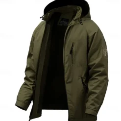 Men's Jacket Raincoat Shell Jacket Waterproof Lightweight Sports Outdoor Camping & Hiking Embroidered Side Pockets Zip Front Fall Winter Hooded Long Sleeve Green khaki Dark Blue