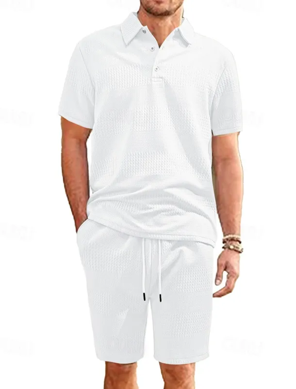 Men's Jacquard Tracksuit Polo Shirt & Shorts Set Outfit Set Lapel Outdoor Daily Sports Pocket Drawstring 2 Piece Plain Black White Navy Blue Polyester Activewear Classic Casual Summer