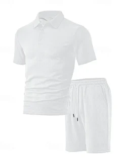 Men's Jacquard Tracksuit Polo Shirt & Shorts Set Outfit Set Lapel Outdoor Daily Sports Pocket Drawstring 2 Piece Plain Black White Navy Blue Polyester Activewear Classic Casual Summer