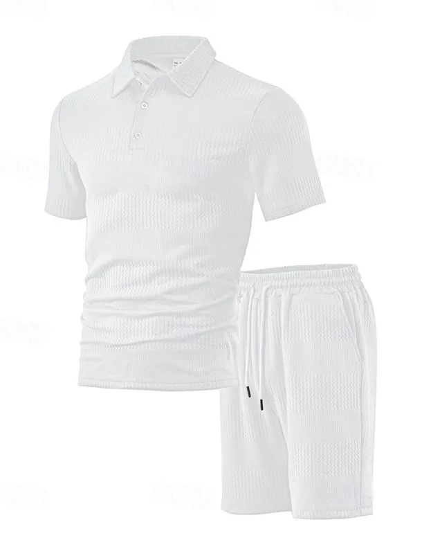 Men's Jacquard Tracksuit Polo Shirt & Shorts Set Outfit Set Lapel Outdoor Daily Sports Pocket Drawstring 2 Piece Plain Black White Navy Blue Polyester Activewear Classic Casual Summer