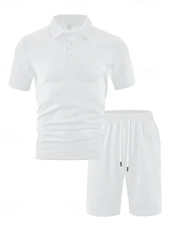 Men's Jacquard Tracksuit Polo Shirt & Shorts Set Outfit Set Lapel Outdoor Daily Sports Pocket Drawstring 2 Piece Plain Black White Navy Blue Polyester Activewear Classic Casual Summer