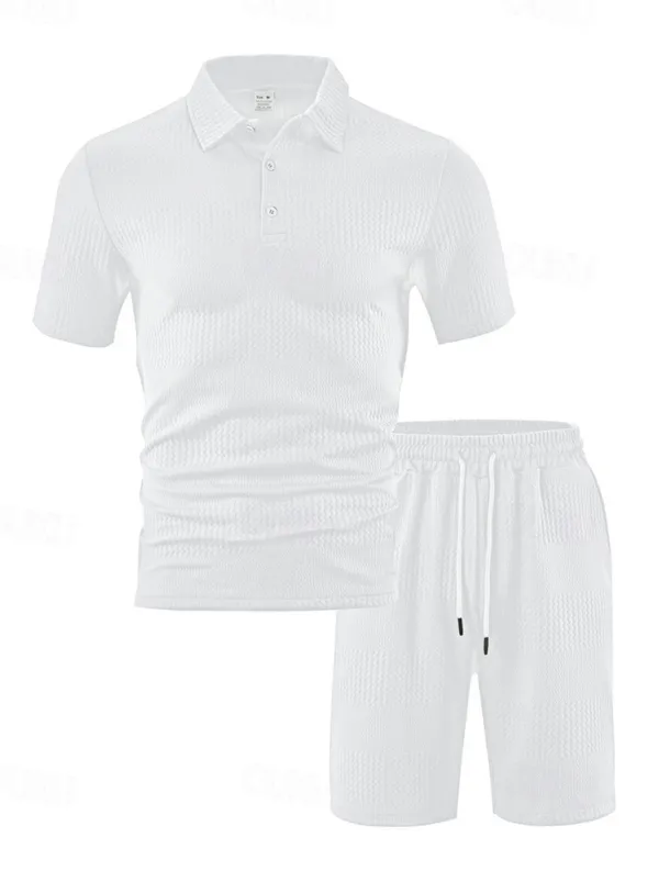 Men's Jacquard Tracksuit Polo Shirt & Shorts Set Outfit Set Lapel Outdoor Daily Sports Pocket Drawstring 2 Piece Plain Black White Navy Blue Polyester Activewear Classic Casual Summer