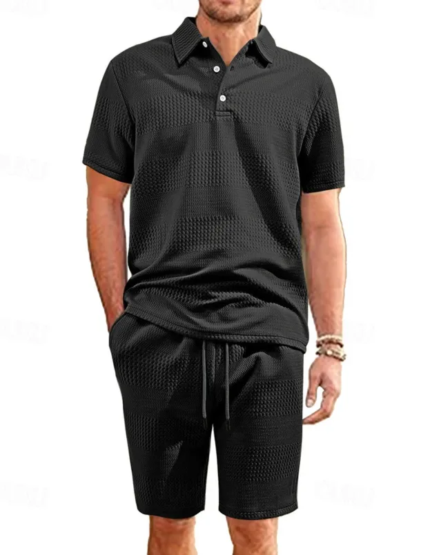 Men's Jacquard Tracksuit Polo Shirt & Shorts Set Outfit Set Lapel Outdoor Daily Sports Pocket Drawstring 2 Piece Plain Black White Navy Blue Polyester Activewear Classic Casual Summer