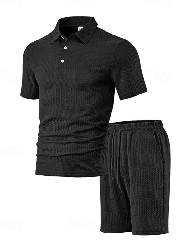 Men's Jacquard Tracksuit Polo Shirt & Shorts Set Outfit Set Lapel Outdoor Daily Sports Pocket Drawstring 2 Piece Plain Black White Navy Blue Polyester Activewear Classic Casual Summer