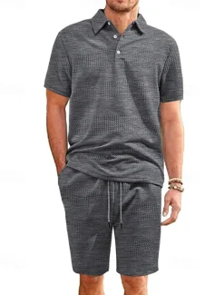 Men's Jacquard Tracksuit Polo Shirt & Shorts Set Outfit Set Lapel Outdoor Daily Sports Pocket Drawstring 2 Piece Plain Black White Navy Blue Polyester Activewear Classic Casual Summer