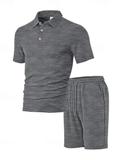 Men's Jacquard Tracksuit Polo Shirt & Shorts Set Outfit Set Lapel Outdoor Daily Sports Pocket Drawstring 2 Piece Plain Black White Navy Blue Polyester Activewear Classic Casual Summer