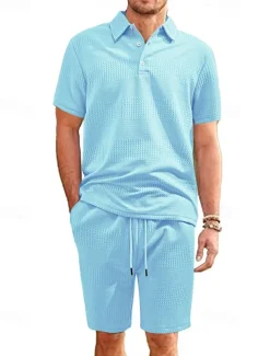 Men's Jacquard Tracksuit Polo Shirt & Shorts Set Outfit Set Lapel Outdoor Daily Sports Pocket Drawstring 2 Piece Plain Black White Navy Blue Polyester Activewear Classic Casual Summer