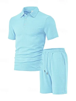 Men's Jacquard Tracksuit Polo Shirt & Shorts Set Outfit Set Lapel Outdoor Daily Sports Pocket Drawstring 2 Piece Plain Black White Navy Blue Polyester Activewear Classic Casual Summer