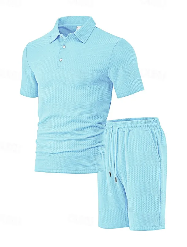 Men's Jacquard Tracksuit Polo Shirt & Shorts Set Outfit Set Lapel Outdoor Daily Sports Pocket Drawstring 2 Piece Plain Black White Navy Blue Polyester Activewear Classic Casual Summer