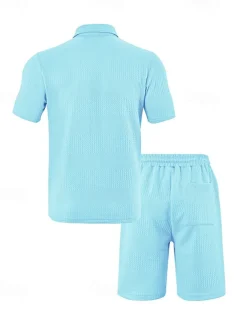 Men's Jacquard Tracksuit Polo Shirt & Shorts Set Outfit Set Lapel Outdoor Daily Sports Pocket Drawstring 2 Piece Plain Black White Navy Blue Polyester Activewear Classic Casual Summer