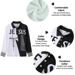 Men's Jesus Christian Hawaiian Polo Shirts Golf Shirt Long Sleeve Polo Shirts Collared Shirts Casual Beach Wear Vacation Wear Party Outfits Buttons 3D Print White Light Green Blue