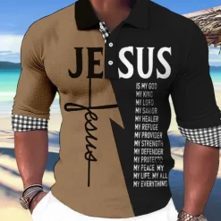 Men's Jesus Christian Hawaiian Polo Shirts Golf Shirt Long Sleeve Polo Shirts Collared Shirts Casual Beach Wear Vacation Wear Party Outfits Buttons 3D Print White Light Green Blue
