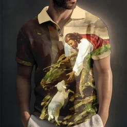 Men's Jesus Christian Polo Shirts Golf Shirt Short Sleeve Polo Shirts Collared Shirts Vintage Casual Vacation Wear Festival Wear Party Outfits Buttons 3D Print Yellow Blue Green