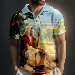 Men's Jesus Christian Polo Shirts Golf Shirt Short Sleeve Polo Shirts Collared Shirts Vintage Casual Vacation Wear Festival Wear Party Outfits Buttons 3D Print Yellow Blue Green