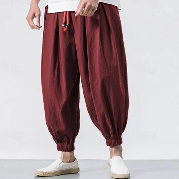 Men's Joggers Linen Pants Trousers Summer Pants Beach Pants Drawstring Elastic Waist Drop Crotch Plain Daily Gym Streetwear Casual Hip-Hop Loose Fit Black White