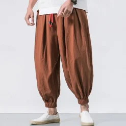 Men's Joggers Linen Pants Trousers Summer Pants Beach Pants Drawstring Elastic Waist Drop Crotch Plain Daily Gym Streetwear Casual Hip-Hop Loose Fit Black White