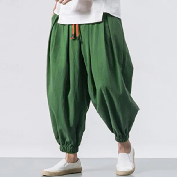 Men's Joggers Linen Pants Trousers Summer Pants Beach Pants Drawstring Elastic Waist Drop Crotch Plain Daily Gym Streetwear Casual Hip-Hop Loose Fit Black White