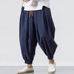 Men's Joggers Linen Pants Trousers Summer Pants Beach Pants Drawstring Elastic Waist Drop Crotch Plain Daily Gym Streetwear Casual Hip-Hop Loose Fit Black White