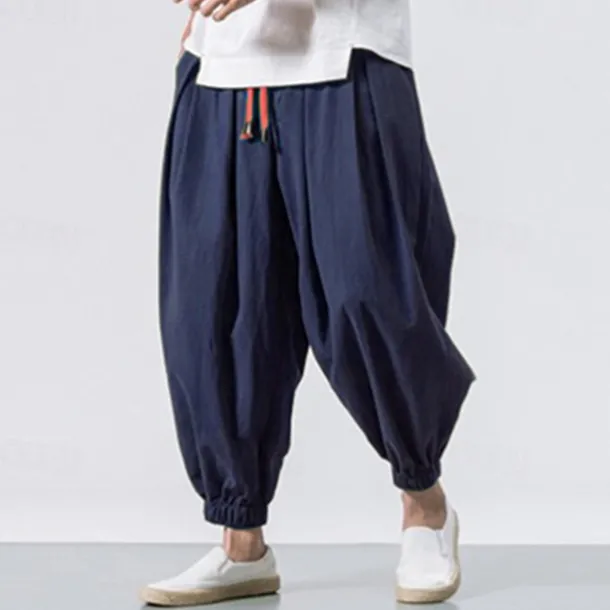 Men's Joggers Linen Pants Trousers Summer Pants Beach Pants Drawstring Elastic Waist Drop Crotch Plain Daily Gym Streetwear Casual Hip-Hop Loose Fit Black White