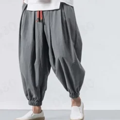 Men's Joggers Linen Pants Trousers Summer Pants Beach Pants Drawstring Elastic Waist Drop Crotch Plain Daily Gym Streetwear Casual Hip-Hop Loose Fit Black White
