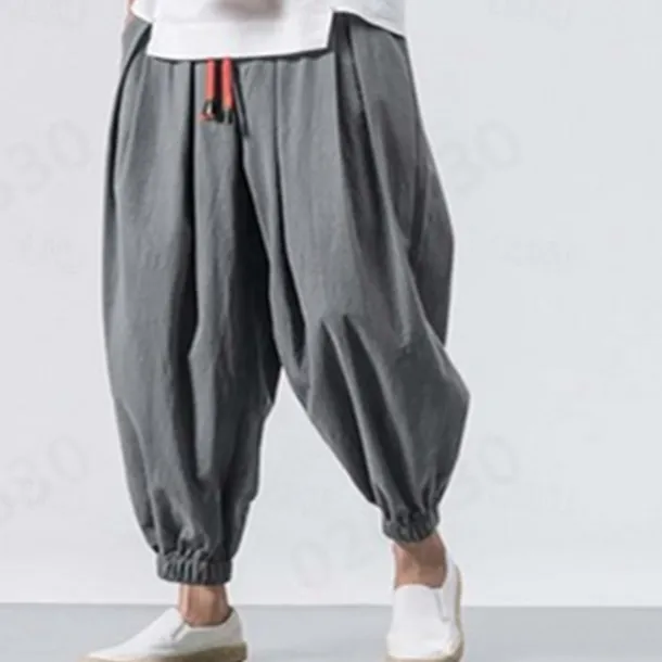 Men's Joggers Linen Pants Trousers Summer Pants Beach Pants Drawstring Elastic Waist Drop Crotch Plain Daily Gym Streetwear Casual Hip-Hop Loose Fit Black White