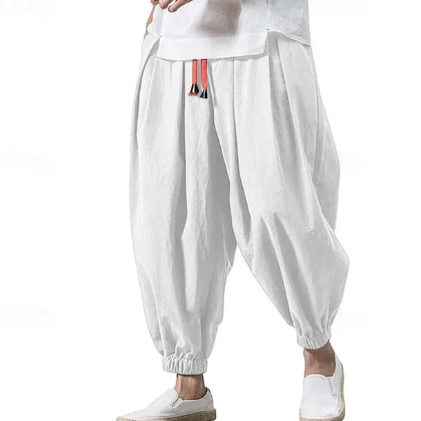 Men's Joggers Linen Pants Trousers Summer Pants Beach Pants Drawstring Elastic Waist Drop Crotch Plain Daily Gym Streetwear Casual Hip-Hop Loose Fit Black White