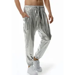 Men's Joggers Trousers Casual Pants Sequin Pants Elastic Waist Elastic Cuff Solid Colored Windproof Breathable Full Length Casual Clubwear Athleisure Loose Fit Silver Gold Micro-elastic