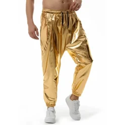 Men's Joggers Trousers Casual Pants Sequin Pants Elastic Waist Elastic Cuff Solid Colored Windproof Breathable Full Length Casual Clubwear Athleisure Loose Fit Silver Gold Micro-elastic