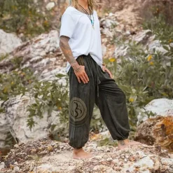 Men's Joggers Trousers Summer Pants Baggy Pants Beach Pants Drawstring Elastic Waist Drop Crotch Plain Comfort Breathable Full Length Outdoor Casual Holiday Ethnic Style Retro Vintage Green