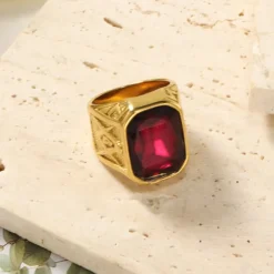 men's 14k yellow gold plated emerald cut simulated red ruby nugget style ring size 9