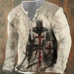 Men's Knights Templar Christian T shirt Henley Shirt Long Sleeve 3D Print Designer Retro Vintage Street Casual Daily Summer Spring Fall Khaki Henley Henley T-Shirt