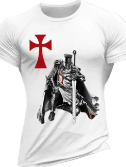 Men's Knights Templar Graphic Prints Faith T Shirt Graphic Tee Cotton Short Sleeves Graphic Shirt Wine Black White Comfortable Tee Vacation Street Fashion Designer Clothing