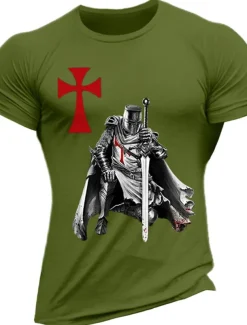 Men's Knights Templar Graphic Prints Faith T Shirt Graphic Tee Cotton Short Sleeves Graphic Shirt Wine Black White Comfortable Tee Vacation Street Fashion Designer Clothing
