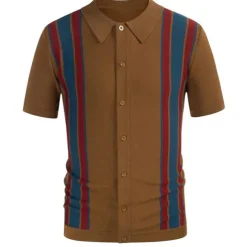 Men's Knit Polo Sweater Golf Shirt Causal Polo Collar Button Short Sleeves Vintage Style Old Money Style Stripe Button Front Summer Spring Black Brown Dark Blue Knit Polo Sweater