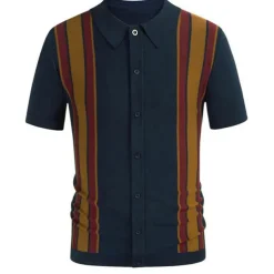 Men's Knit Polo Sweater Golf Shirt Causal Polo Collar Button Short Sleeves Vintage Style Old Money Style Stripe Button Front Summer Spring Black Brown Dark Blue Knit Polo Sweater