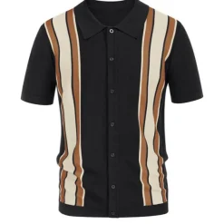 Men's Knit Polo Sweater Golf Shirt Causal Polo Collar Button Short Sleeves Vintage Style Old Money Style Stripe Button Front Summer Spring Black Brown Dark Blue Knit Polo Sweater