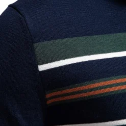 Men's Knit Striped Half Zip Knitwear Elegant Christmas Gifts Home Clothing Apparel Bishop Sleeve Fall Winter Navy Blue Dark Green S M L
