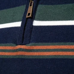 Men's Knit Striped Half Zip Knitwear Elegant Christmas Gifts Home Clothing Apparel Bishop Sleeve Fall Winter Navy Blue Dark Green S M L