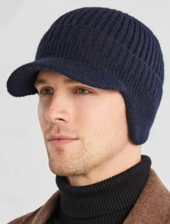 Men's Knit Winter Hat with Visor and Ear Flaps - Warm Ribbed Beanie Cap for Outdoor Activities and Casual Wear