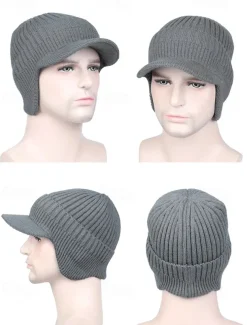 Men's Knit Winter Hat with Visor and Ear Flaps - Warm Ribbed Beanie Cap for Outdoor Activities and Casual Wear