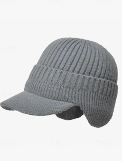 Men's Knit Winter Hat with Visor and Ear Flaps - Warm Ribbed Beanie Cap for Outdoor Activities and Casual Wear