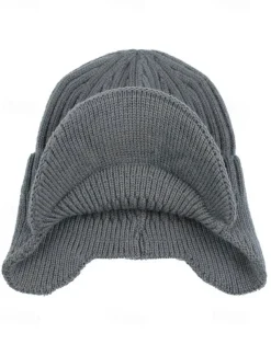 Men's Knit Winter Hat with Visor and Ear Flaps - Warm Ribbed Beanie Cap for Outdoor Activities and Casual Wear