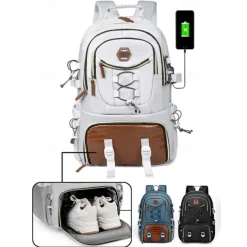 Men's Large Capacity USB Charging Backpack with Shoe Compartment, Water-Resistant Oxford School Bag for College Students and Outdoor Travel