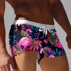 Men's Leaf Flamingo Plants Swim Shorts Swim Trunks Boxer Swim Shorts Mid Waist Fashion Designer Surfing Holiday Beach Pocket Drawstring Elastic Waist Designer Clothing Apparel