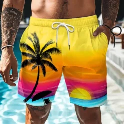 Men's Leaf Tree Coconut Tree Swim Trunks Swim Shorts Board Shorts Mid Waist Hawaiian Boho Casual Daily Holiday Drawstring with Mesh lining Elastic Waist Designer Clothing Apparel